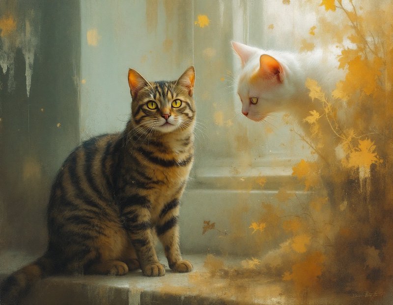 Soft painterly artwork of a tabby cat on a windowsill, with a pale white cat and drifting golden ...
