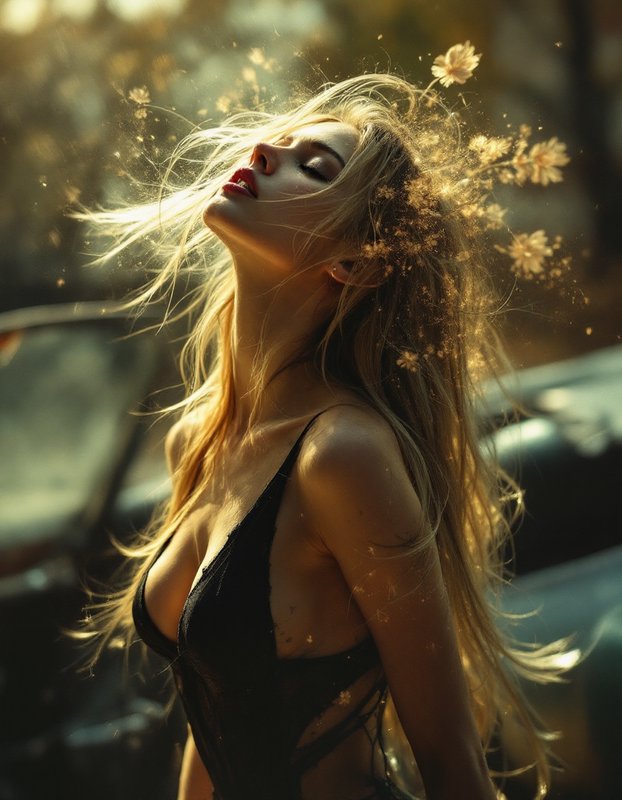 Backlit blonde woman tilts her head back, delicate flower petals drift around her wind-blown hair...