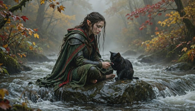 Elven ranger feeds a wet black cat while sitting on a mossy rock in a misty rainy autumn forest s...