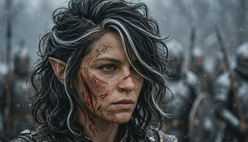 Close-up of battle-scarred female elf warrior standing in falling snow, blurred armored soldiers ...
