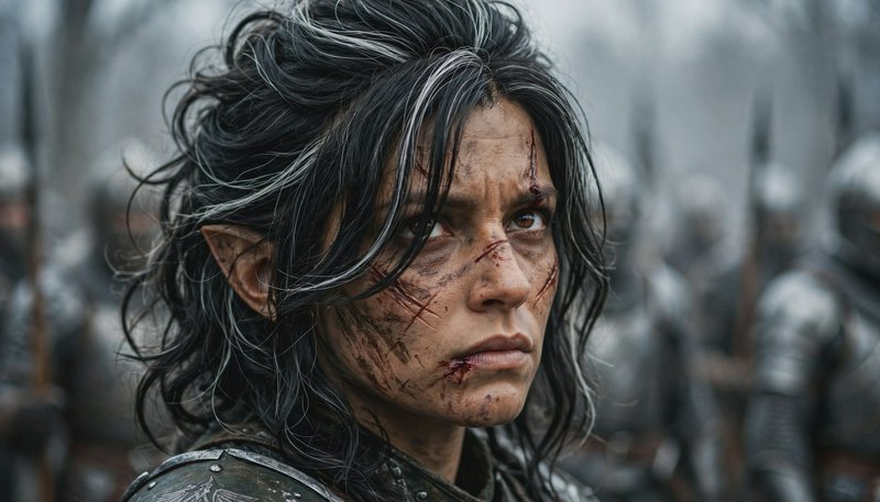 Close-up of battle-scarred female elf warrior with a determined gaze, standing before a blurred a...
