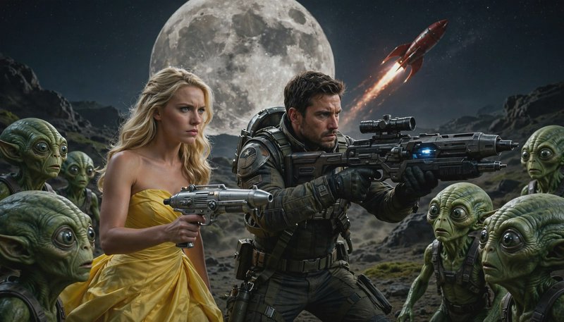 Armed space soldier and woman in yellow gown hold sci-fi guns, surrounded by green aliens on a mo...