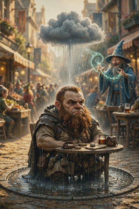 Grumpy soaked dwarf sits at a market table as a wizard conjures a tiny personal rain cloud above him