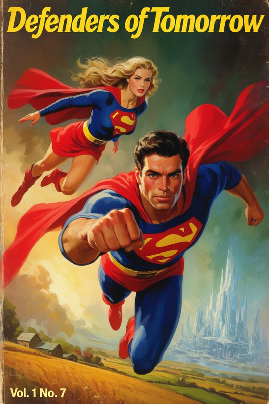Superman and Supergirl fly in formation on a retro Defenders of Tomorrow comic book cover