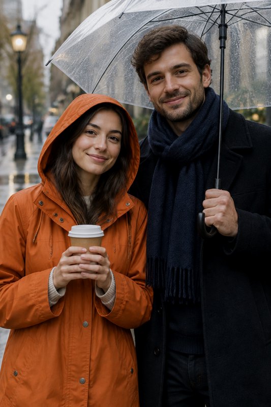 Smiling couple stands under a clear umbrella on a rainy city sidewalk, the woman holding a takeaw...