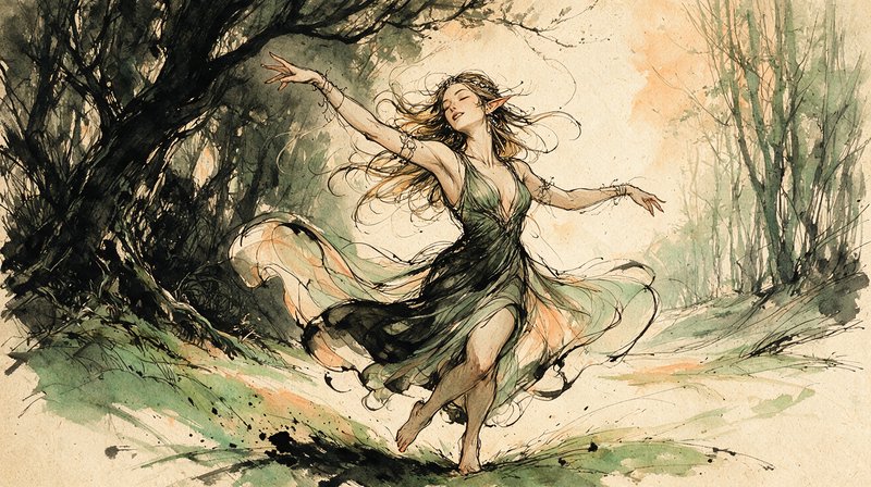 Graceful elven woman dances barefoot in a sunlit forest glen in loose ink and watercolor