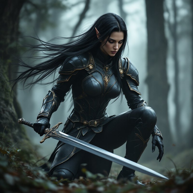 Kneeling dark elf warrior in ornate black armor holds a sword in a misty old forest