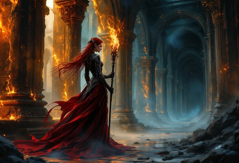 Red-haired elven sorceress holds a flaming staff while standing in a crumbling burning gothic temple corridor