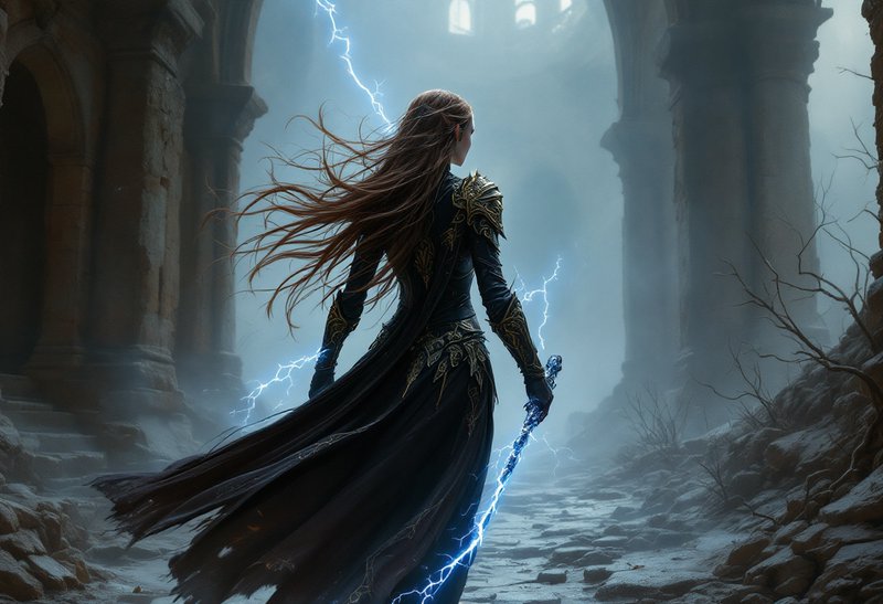 Elven fantasy warrior wielding lightning magic stands in misty ancient stone ruins