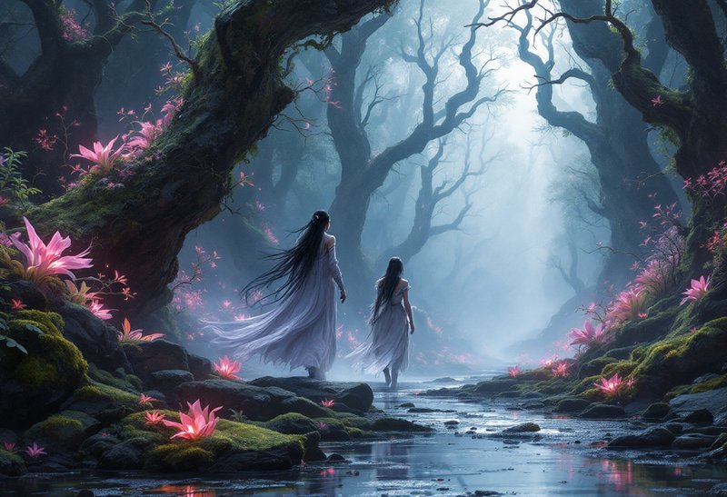 Two robed fantasy figures walk along a shallow stream in a misty enchanted forest with glowing pi...