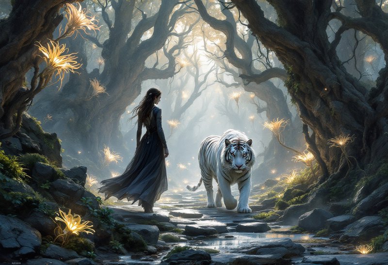 Elven fantasy woman faces a majestic white tiger on a misty glowing enchanted forest path