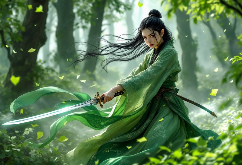 Elven female warrior in flowing green robes wields a glowing sword in a misty sunlit forest