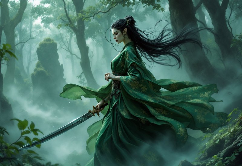 Graceful elven warrior holding an ornate sword stands in a misty ancient forest in flowing green ...