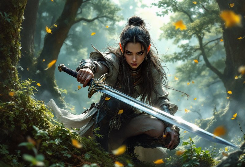 Fierce female elven warrior crouches with drawn ornate sword in a misty sunlit old growth forest