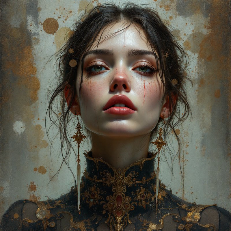 Close-up portrait of a melancholic young woman with tear streaks wearing ornate gold regalia