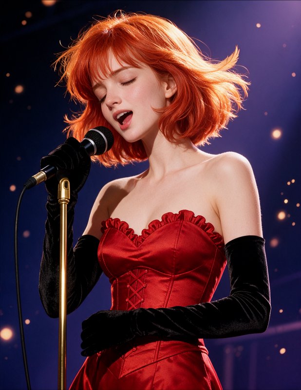 Young red haired singer in a red gown sings passionately into a vintage stage microphone