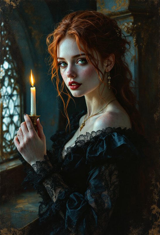Red haired woman in a black lace gown holds a lit candle beside an old gothic leaded window