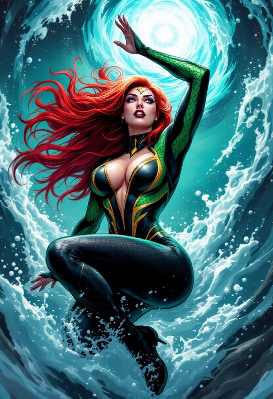 Red-haired Atlantean superhero Mera summoning a glowing swirling water vortex surrounded by crashing waves