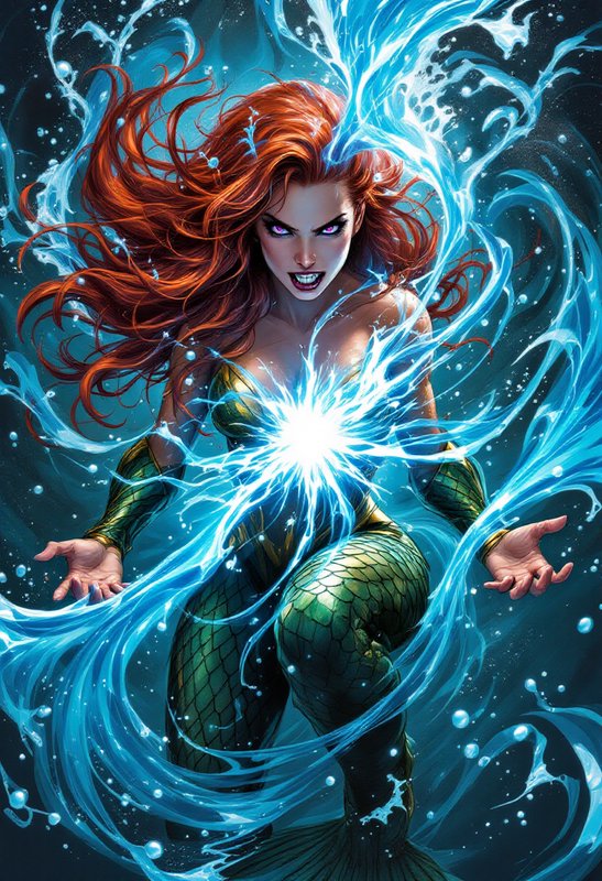 Fierce red-haired Atlantean heroine summons glowing swirling hydrokinetic power underwater