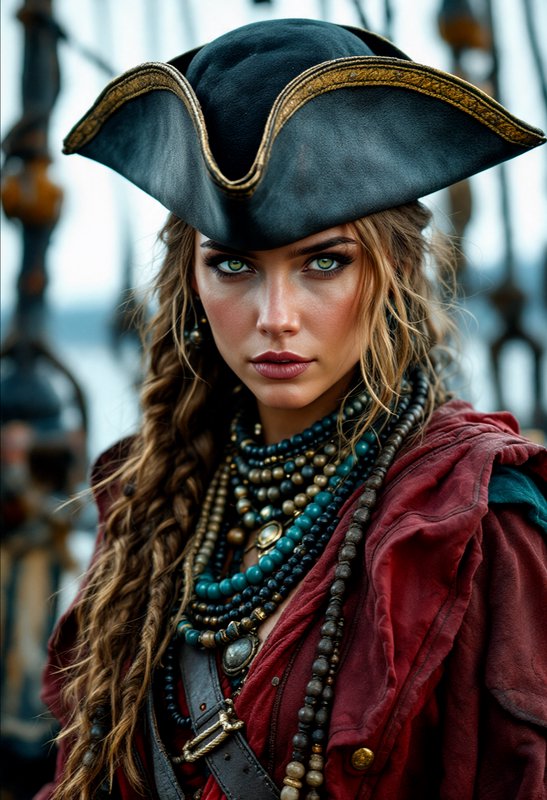 Fierce female pirate captain wearing a gold-trimmed tricorn hat stands on the deck of a historic sailing ship