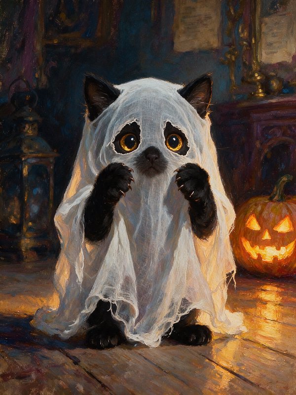 Cute black cat in a tattered white ghost sheet costume sits beside a glowing carved Halloween jac...
