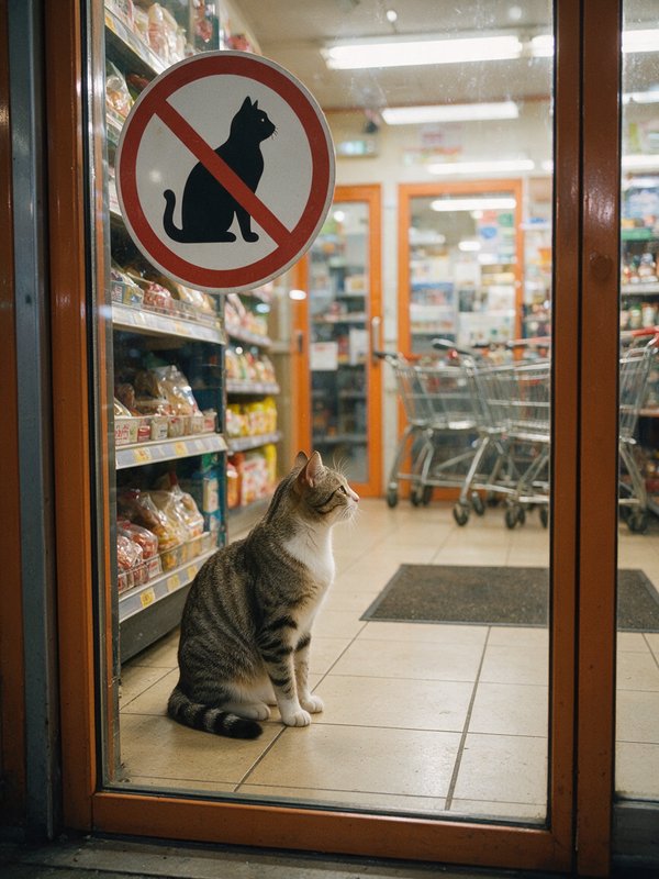 Tabby cat sits inside a grocery store staring up at a no cats allowed sign on the front door