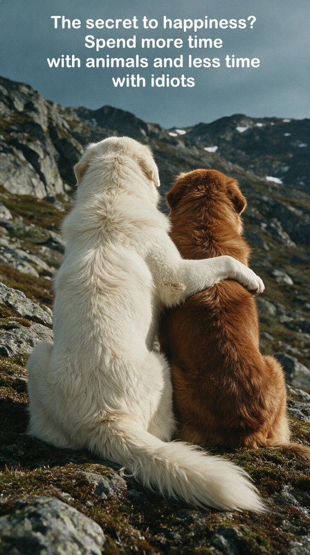Two fluffy embracing dogs sit on a rocky mountain slope, overlaid with a humorous pet happiness q...