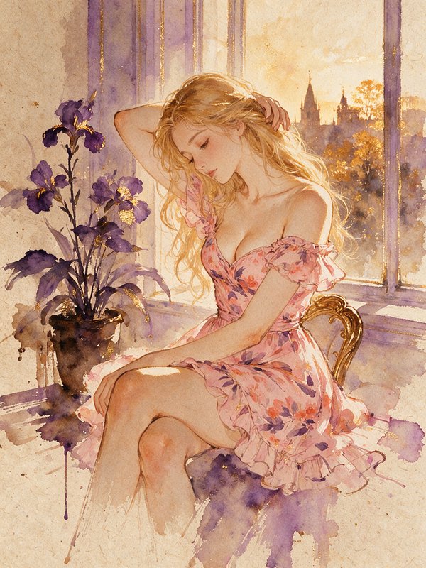 Blonde woman in a ruffled pink dress resting by a sunlit window beside potted purple irises