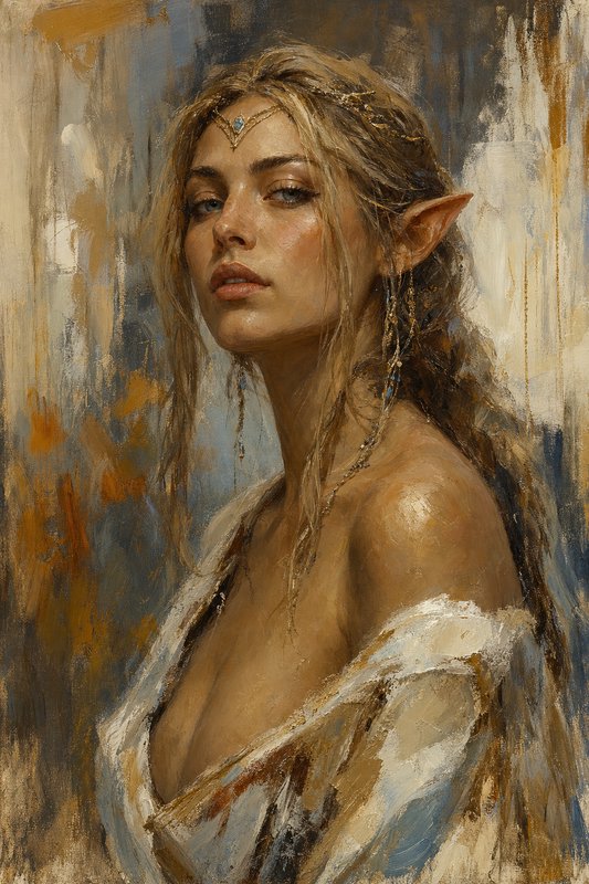Impressionist oil portrait of a regal blonde high elf woman with pointed ears and jeweled circlet