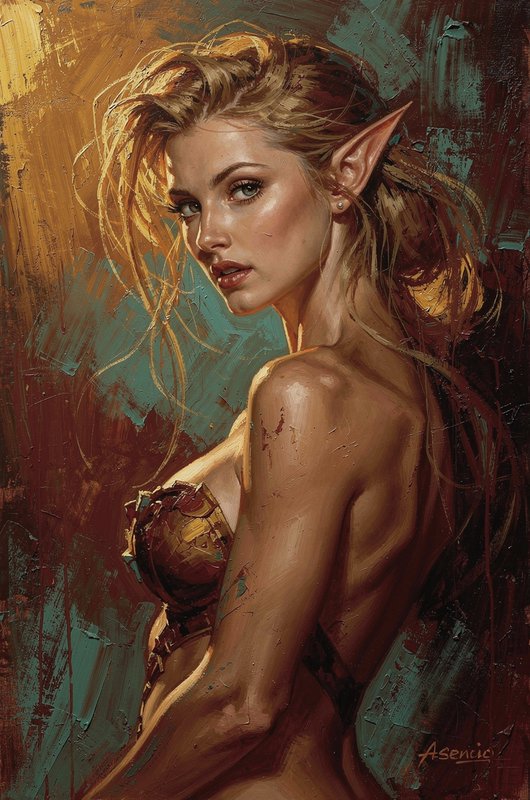 Textured oil portrait of a blonde fantasy elf woman looking back over her shoulder in warm golden...