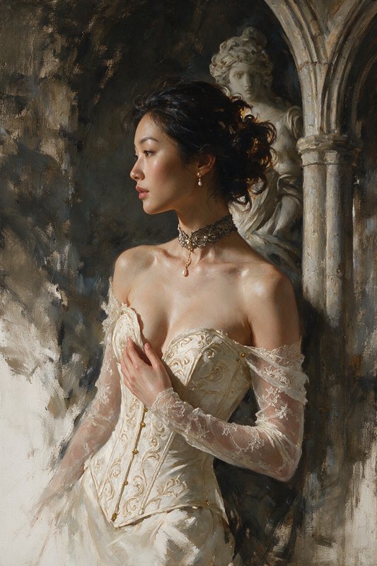 Pensive East Asian woman in an ornate cream corset gown stands beside a gothic stone arch