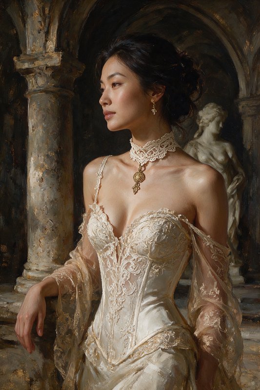 Elegant East Asian woman in an ornate lace corset gown posed in a classical stone interior