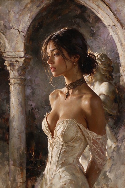 Elegant pensive woman in an ivory lace corset gown stands beneath a weathered stone archway