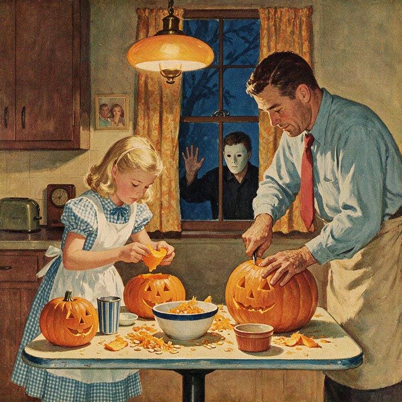 Father and young daughter carve Halloween jack-o-lanterns as a masked man peers through the kitch...