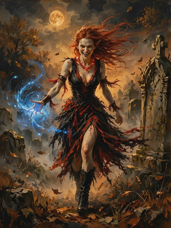 Grinning red-haired elven sorceress casts glowing blue magic while walking through a moonlit grav...