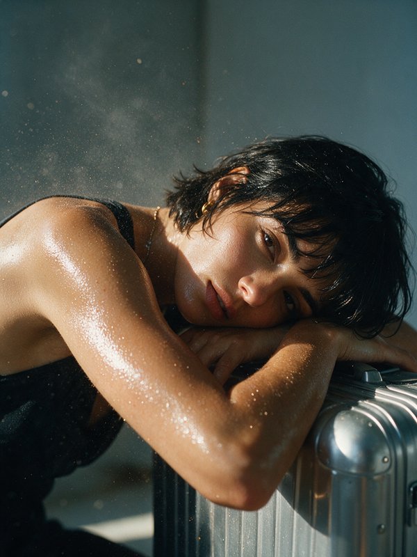 Woman with short wet dark hair resting on a silver suitcase in warm side lighting