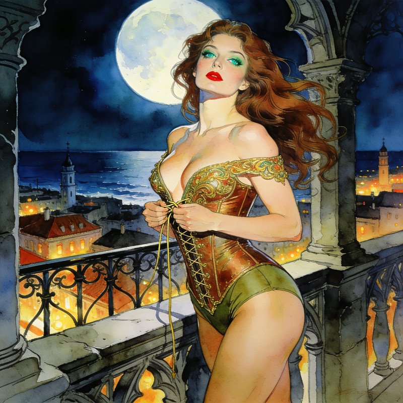 Glamorous woman in an ornate corset stands on a moonlit coastal city balcony at night