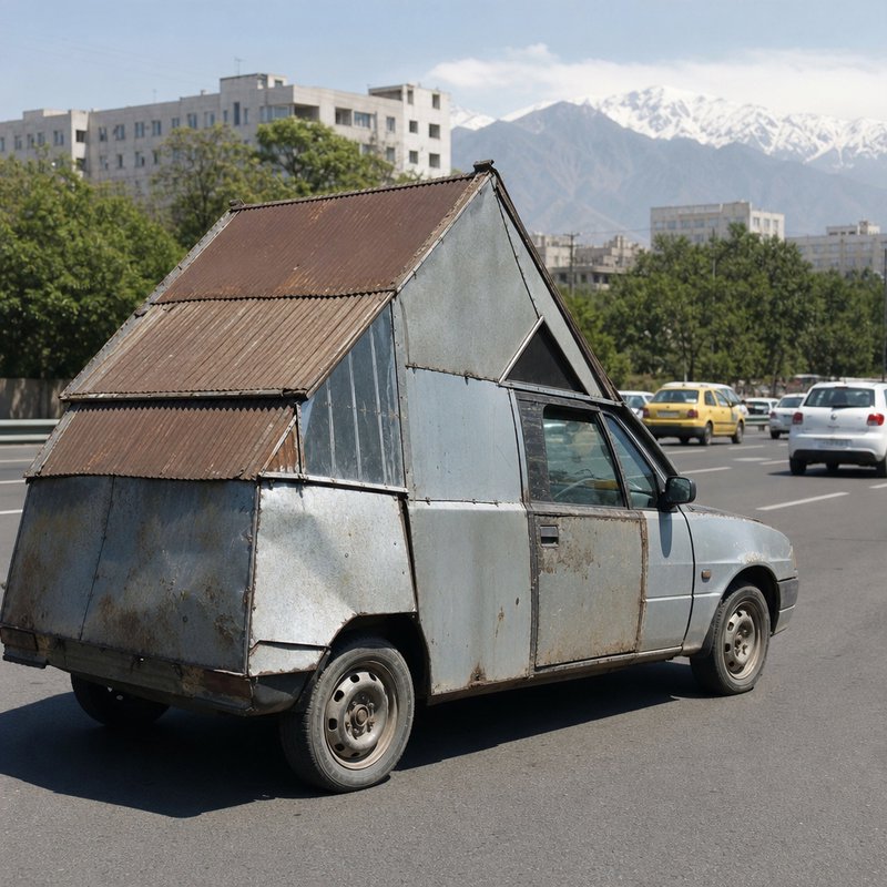 Homemade rusted A-frame corrugated metal camper built onto an old sedan on a city road