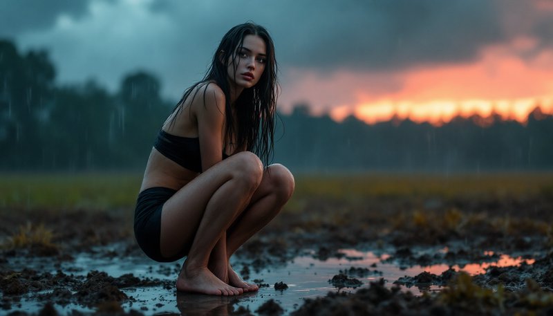 Pensive young woman with wet hair crouches barefoot in a rainy muddy field at stormy sunset