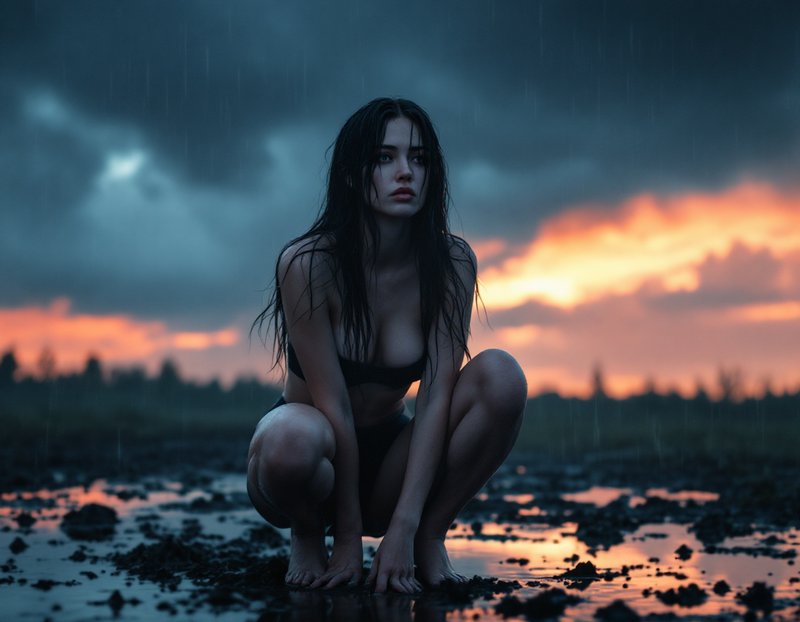 Young woman with wet dark hair crouching in rain-soaked muddy ground under stormy sunset skies