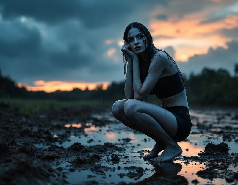 Pensive young woman crouching in a muddy rain-soaked field at stormy sunset