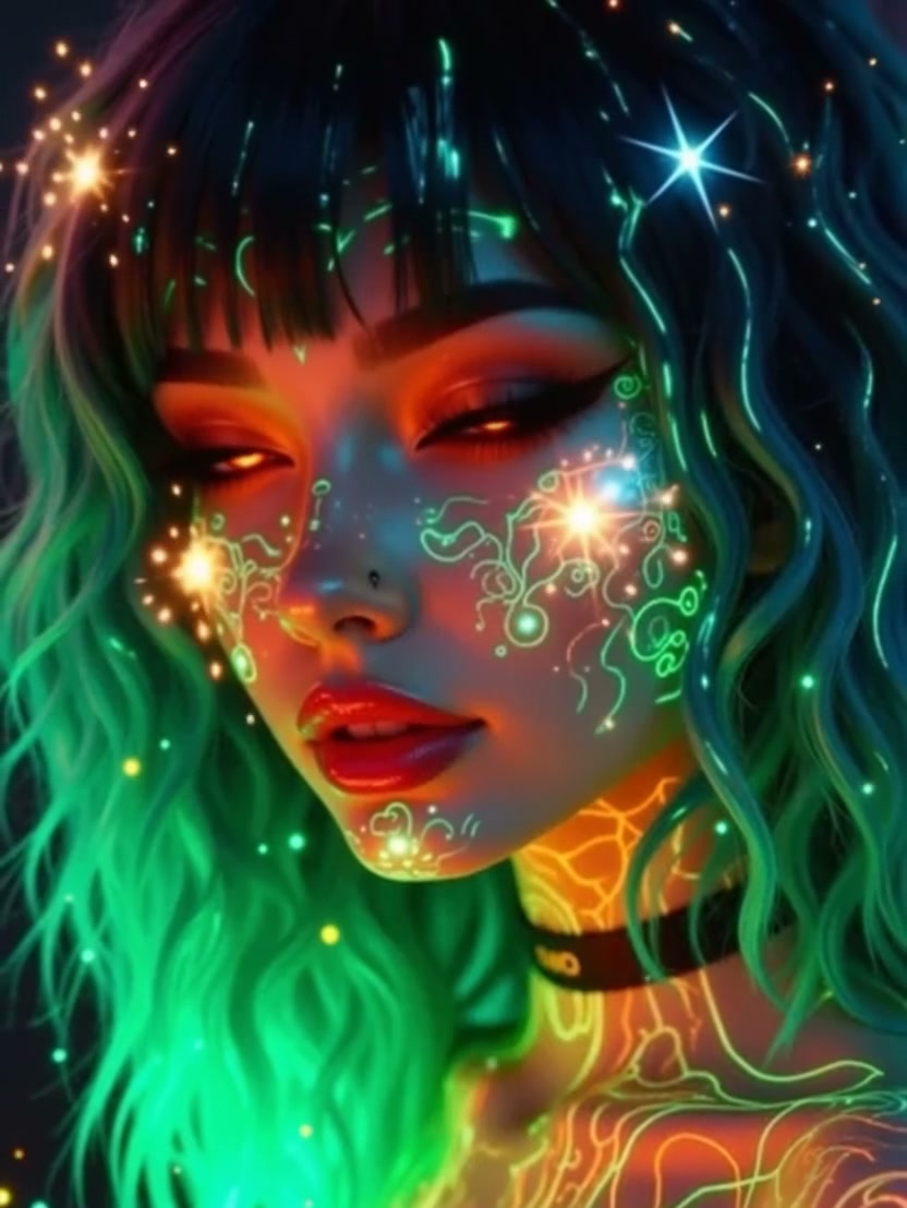 Neon-glow portrait of a woman with turquoise hair and glowing, circuit-like face art.