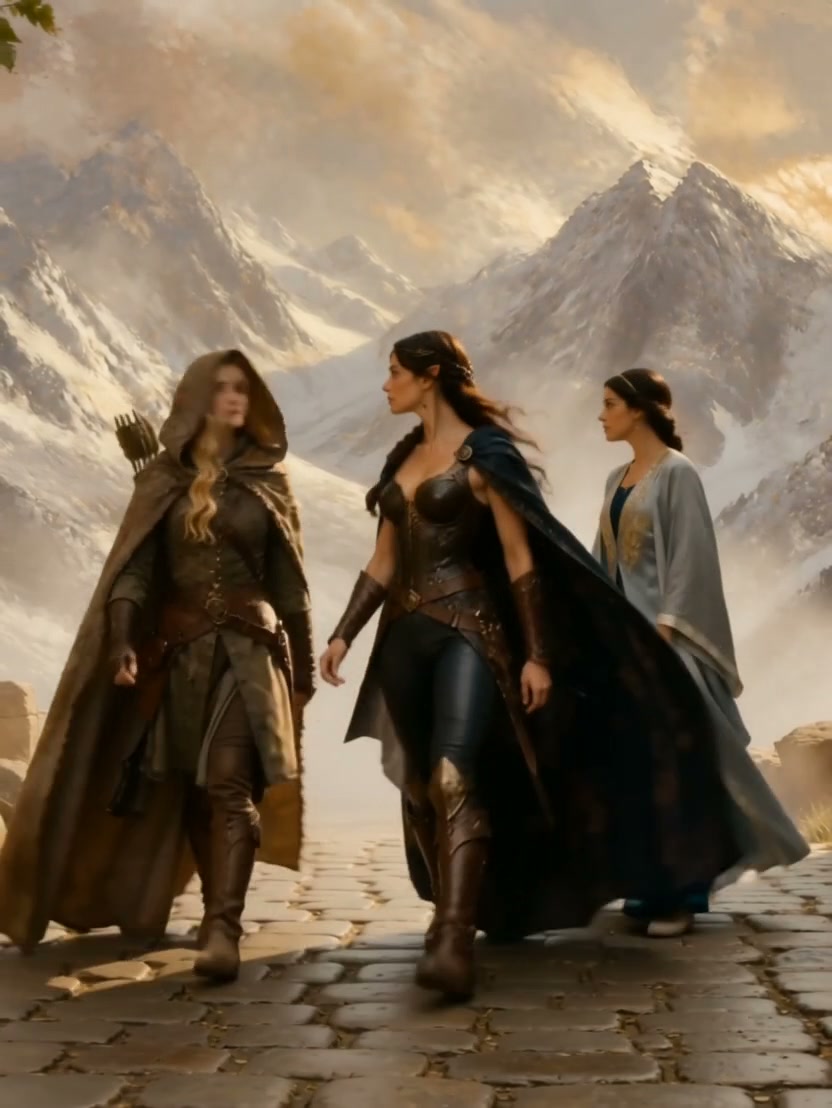 Three armored women in cloaks walk along a cobblestone path with snowy mountains in the background.