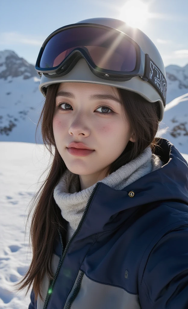 Young woman in a ski helmet and mirrored goggles in a snowy mountain landscape.