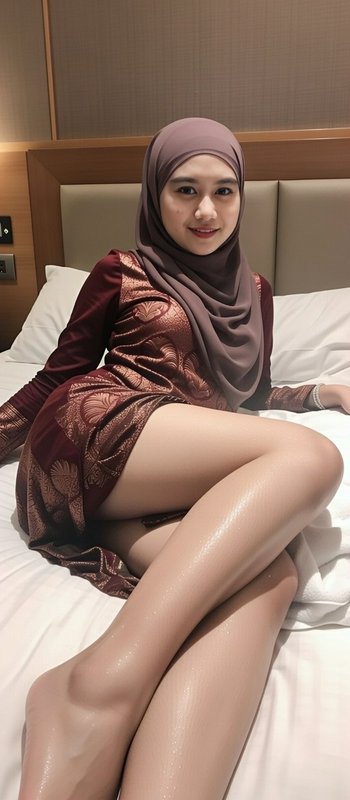 A woman in a mauve hijab and burgundy patterned dress sits on a hotel bed, smiling at the camera.