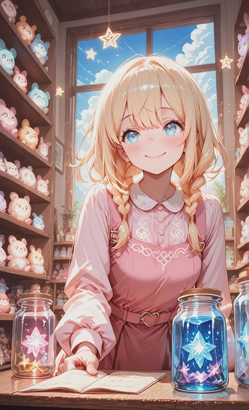 Cute blonde anime girl with braided pigtails in a cozy shop, glowing star jars and plush shelves.