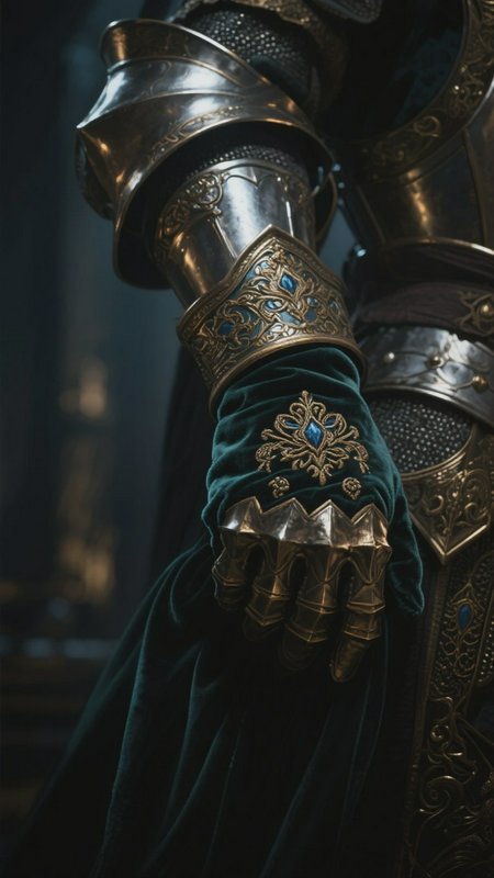 Ornate armored gauntlet with blue gemstone accents and dark teal fabric