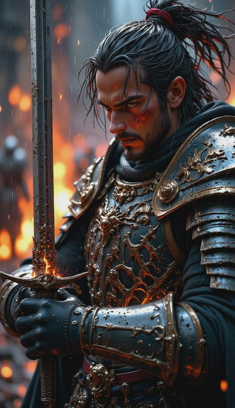 Armored medieval knight with ornate plate armor and a long sword in a fiery battle scene