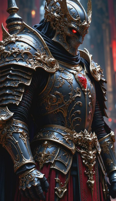 Ornate dark fantasy knight in intricate silver armor with a glowing red eye and cape.