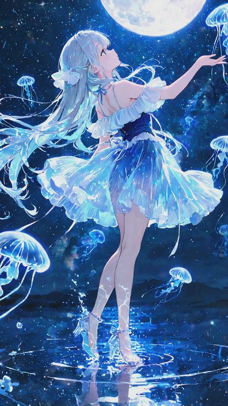 Anime-style girl in a blue frilled dress dancing on water under a full moon with glowing jellyfish.